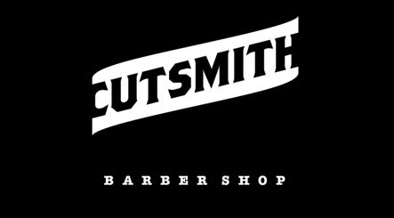Cutsmith barber shop logo, Yeadon, England, GB. Iconic black and white design.