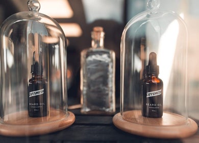 Cutsmith beard oil bottles in elegant display at Yeadon, England, GB location.