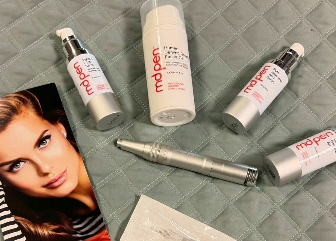 Skin rejuvenation products at Lakewood Ranch Med Spa, Lakewood Ranch, Florida, US displayed on a quilted surface.