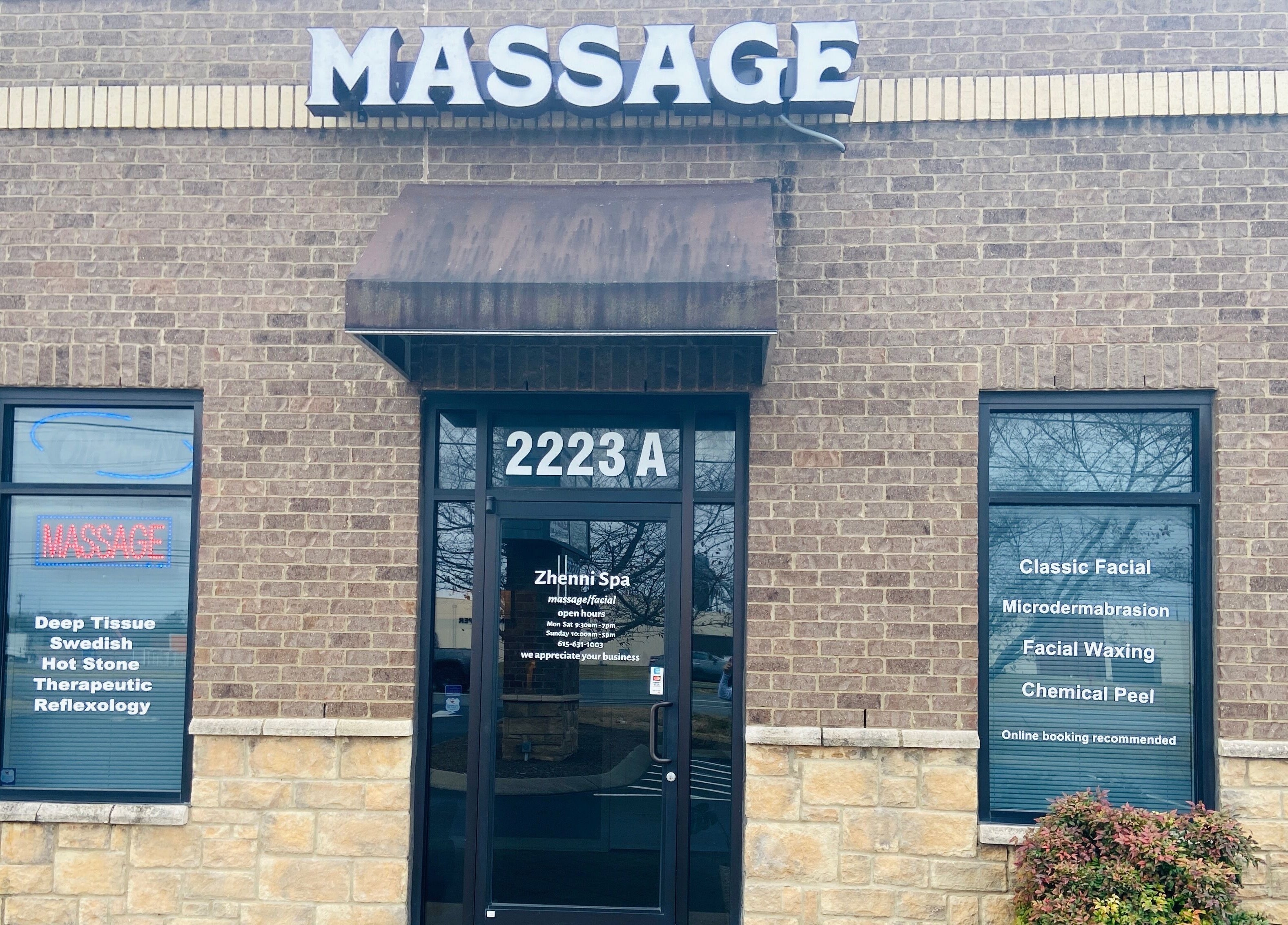 Zhenni Spa entrance showcasing massage and facial services in Murfreesboro, Tennessee, US.