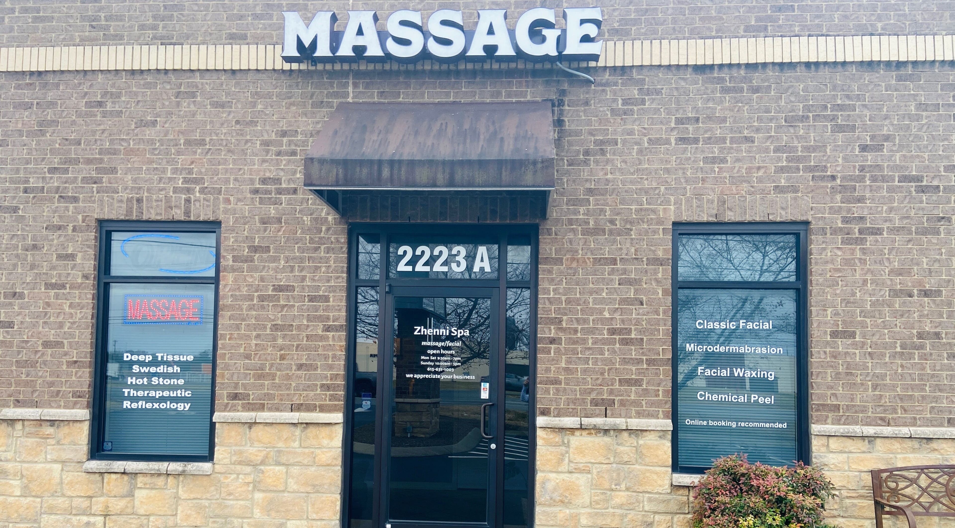 Zhenni Spa entrance showcasing massage and facial services in Murfreesboro, Tennessee, US.