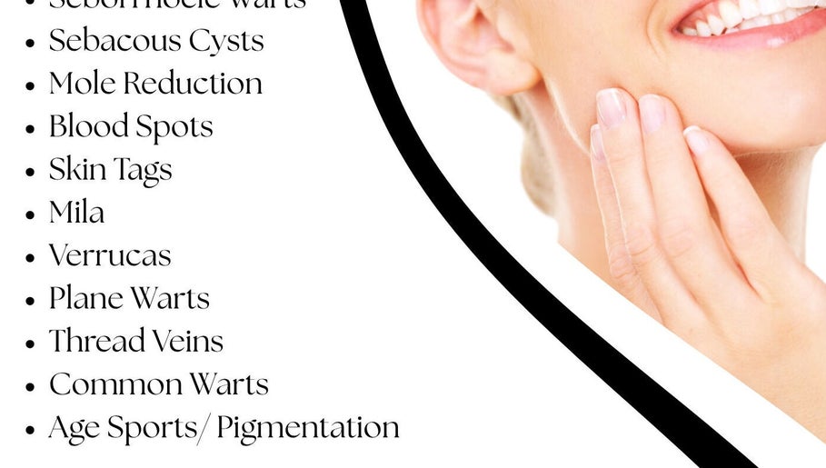 Treatment list at Marie Randall Skin Clinic, Syston, England, GB, showing skincare options and smiling woman.