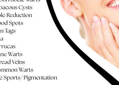 Treatment list at Marie Randall Skin Clinic, Syston, England, GB, showing skincare options and smiling woman.
