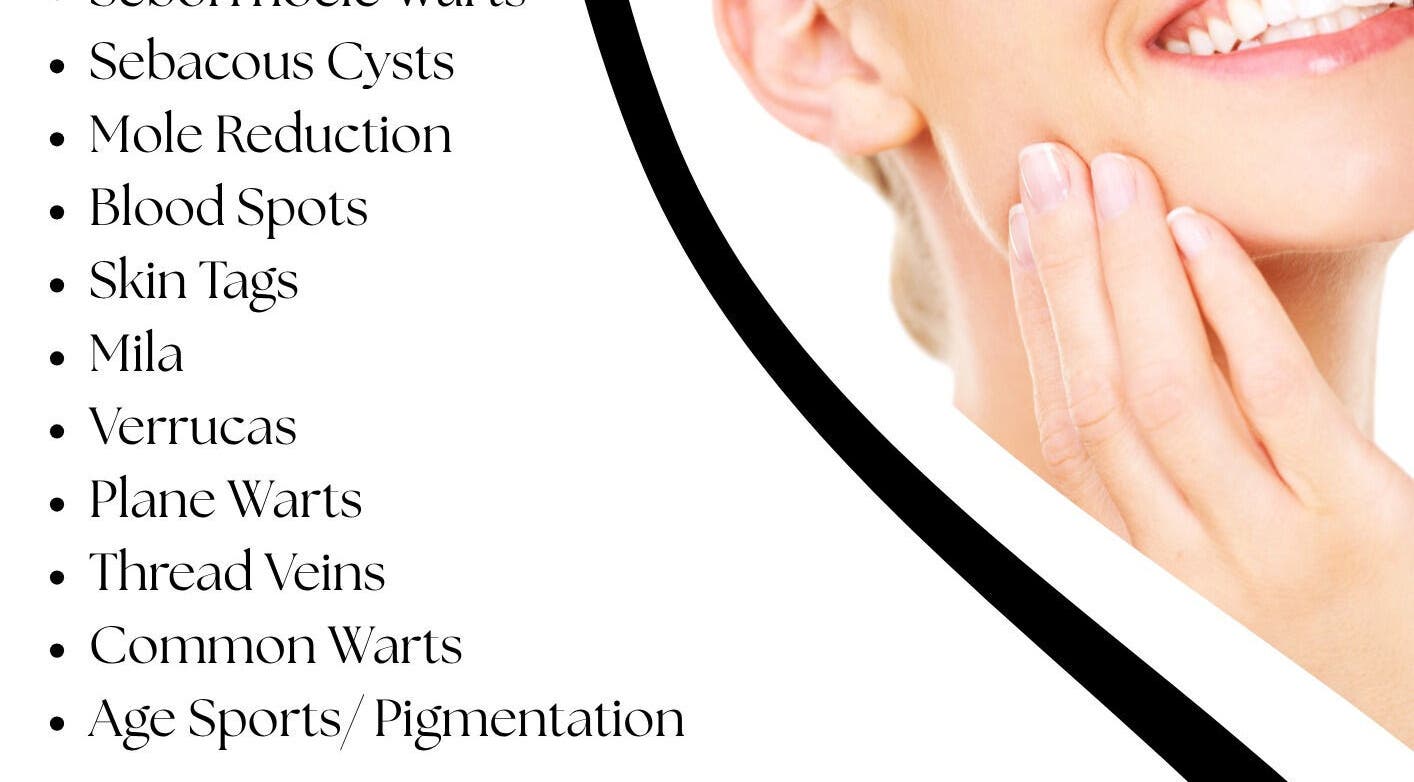 Treatment list at Marie Randall Skin Clinic, Syston, England, GB, showing skincare options and smiling woman.