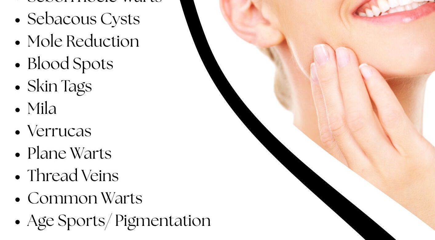 Treatment list at Marie Randall Skin Clinic, Syston, England, GB, showing skincare options and smiling woman.