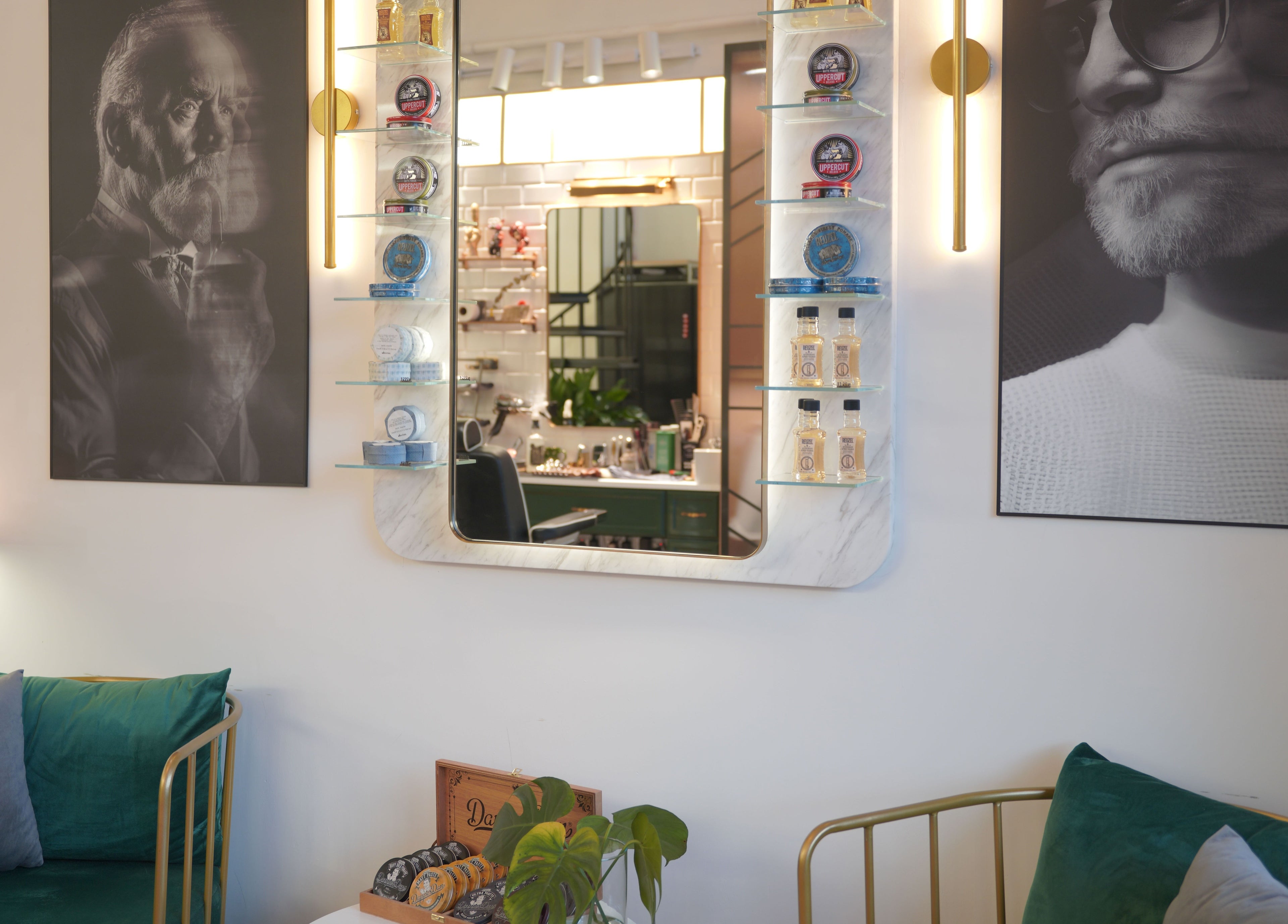 Elegant barber lounge with vintage mirrors at Canton Barber Wan Chai, Hong Kong Island, HK.