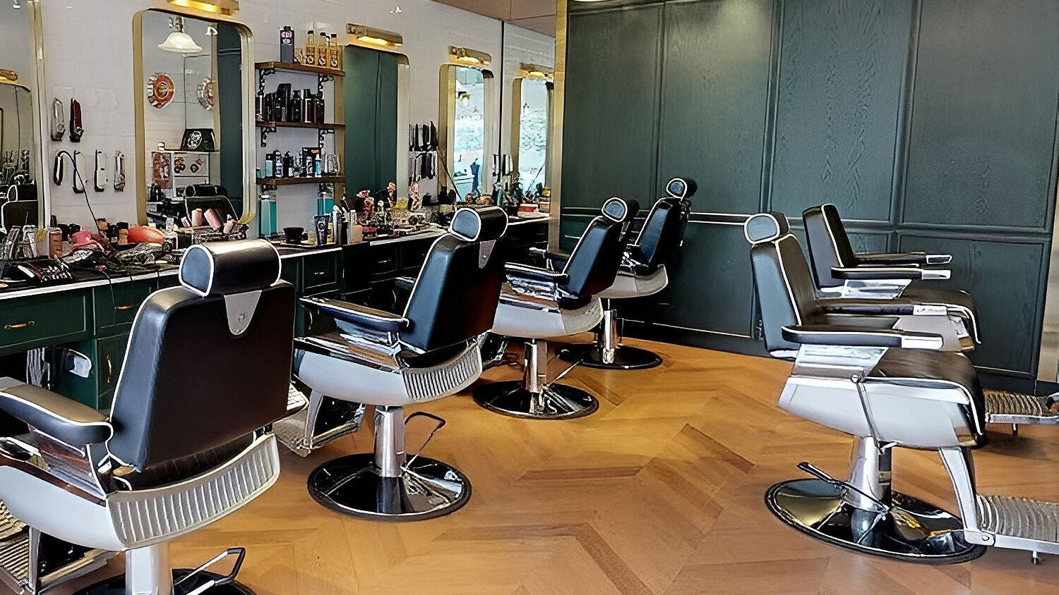 Modern barber chairs at Canton Barber Causeway Bay, Hong Kong Island, HK offering elegant grooming services.