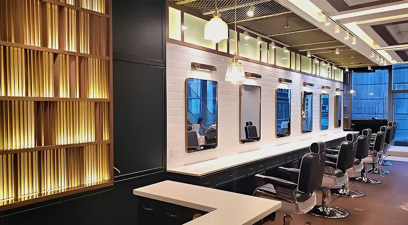 Stylish interior of Canton Barber Causeway Bay on Hong Kong Island, HK, showcasing sleek chairs and modern design.