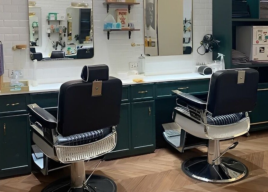 Modern barber chairs and mirrors at Canton Barber Causeway Bay, Hong Kong Island, HK.