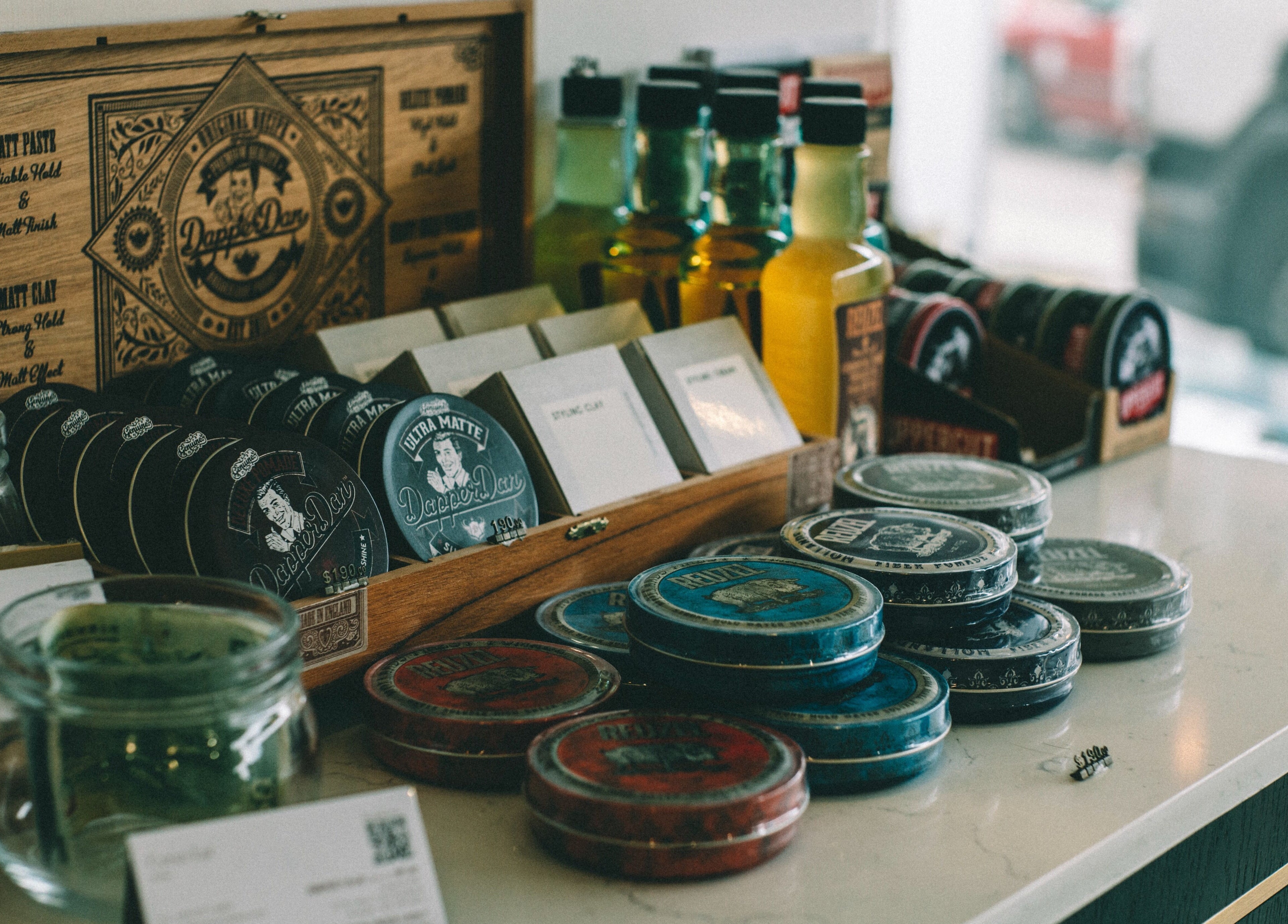 Hair styling products on display at Canton Barber Quarry Bay, Hong Kong Island, Hong Kong Island, HK.