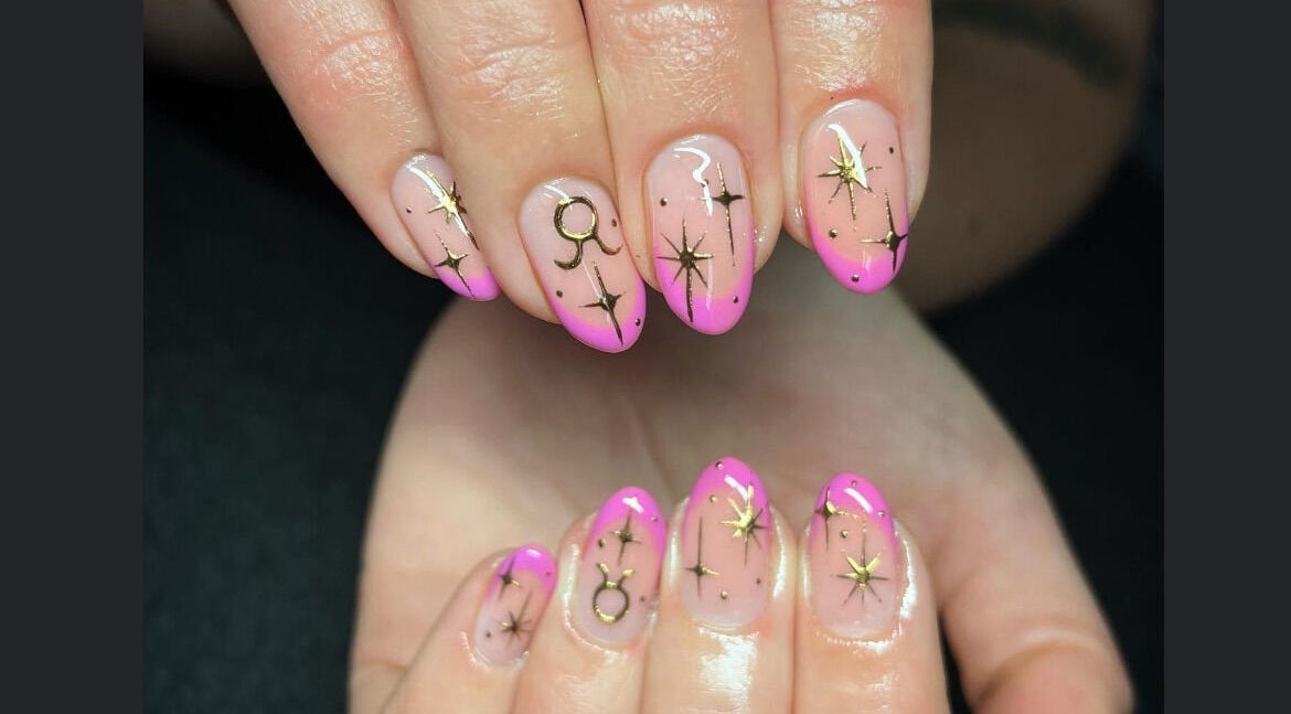 Pink celestial nail art at Lindsays Nails Birmingham, Birmingham, England, GB enhancing beauty and style.