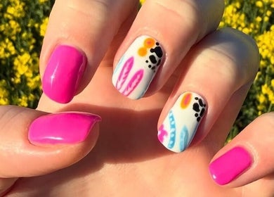 Vibrant pink and floral nail art at Beauty By Anna Ashley, Beauty & Co, Abbot’s Langley, GB.