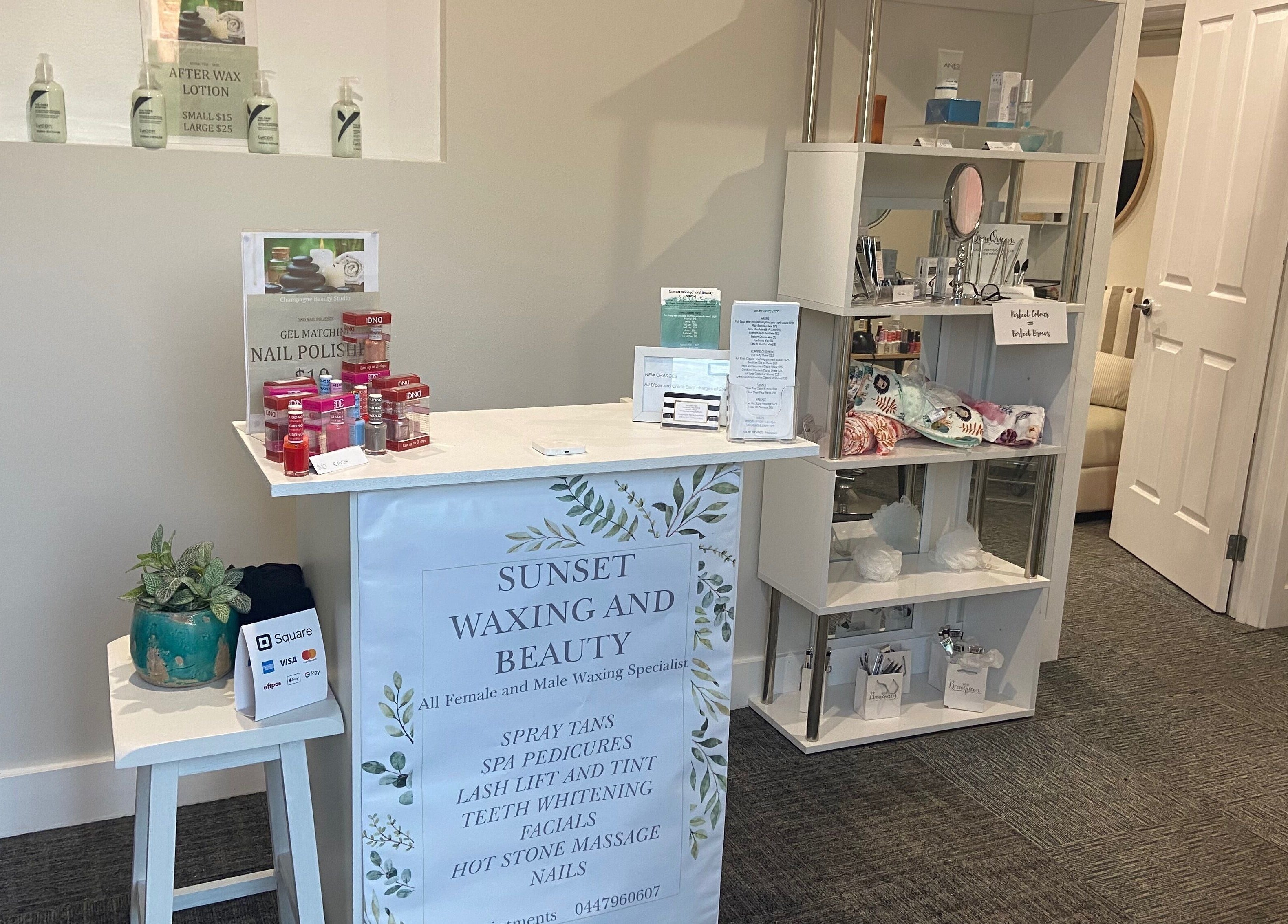Reception area at Sunset Waxing Beauty Studio in Melbourne, Victoria, AU with products and decor.