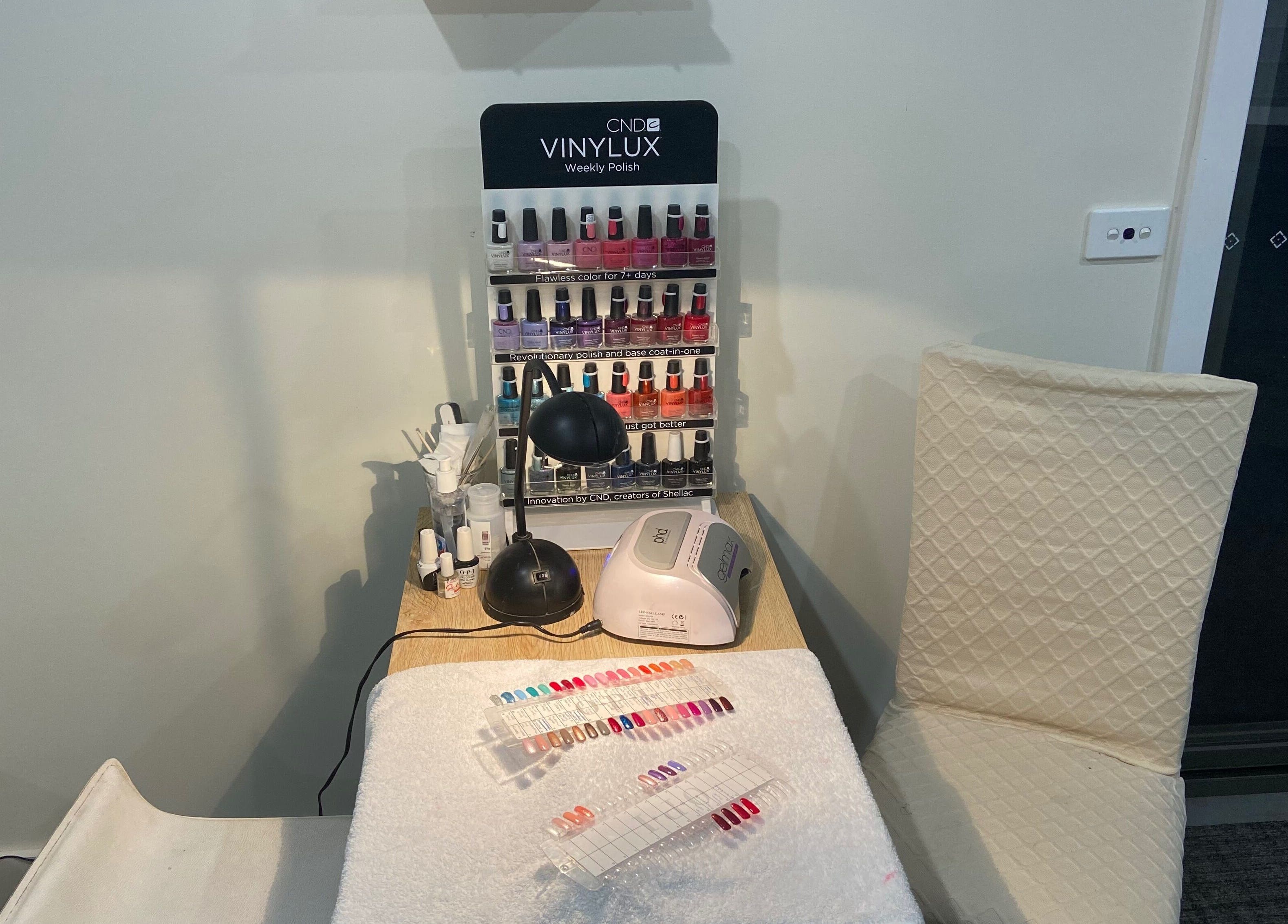 Colorful nail polish display at Sunset Waxing Beauty Studio in Melbourne, Victoria, AU.