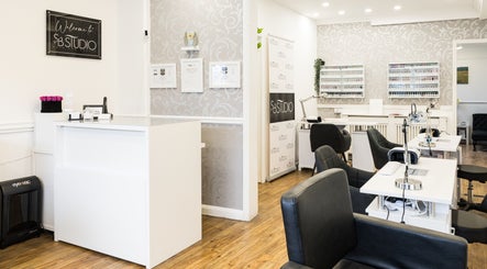 Sophisticated nail station and reception area at SB Studio, Coulsdon, England, GB.