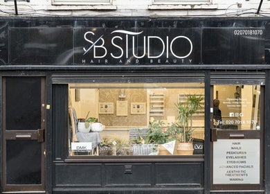 Front view of SB Studio in Coulsdon, England, GB, showcasing a stylish beauty salon exterior.