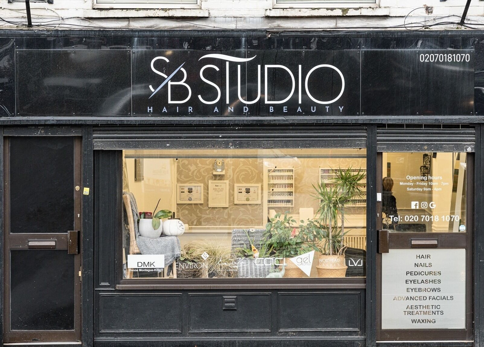 Front view of SB Studio in Coulsdon, England, GB, showcasing a stylish beauty salon exterior.
