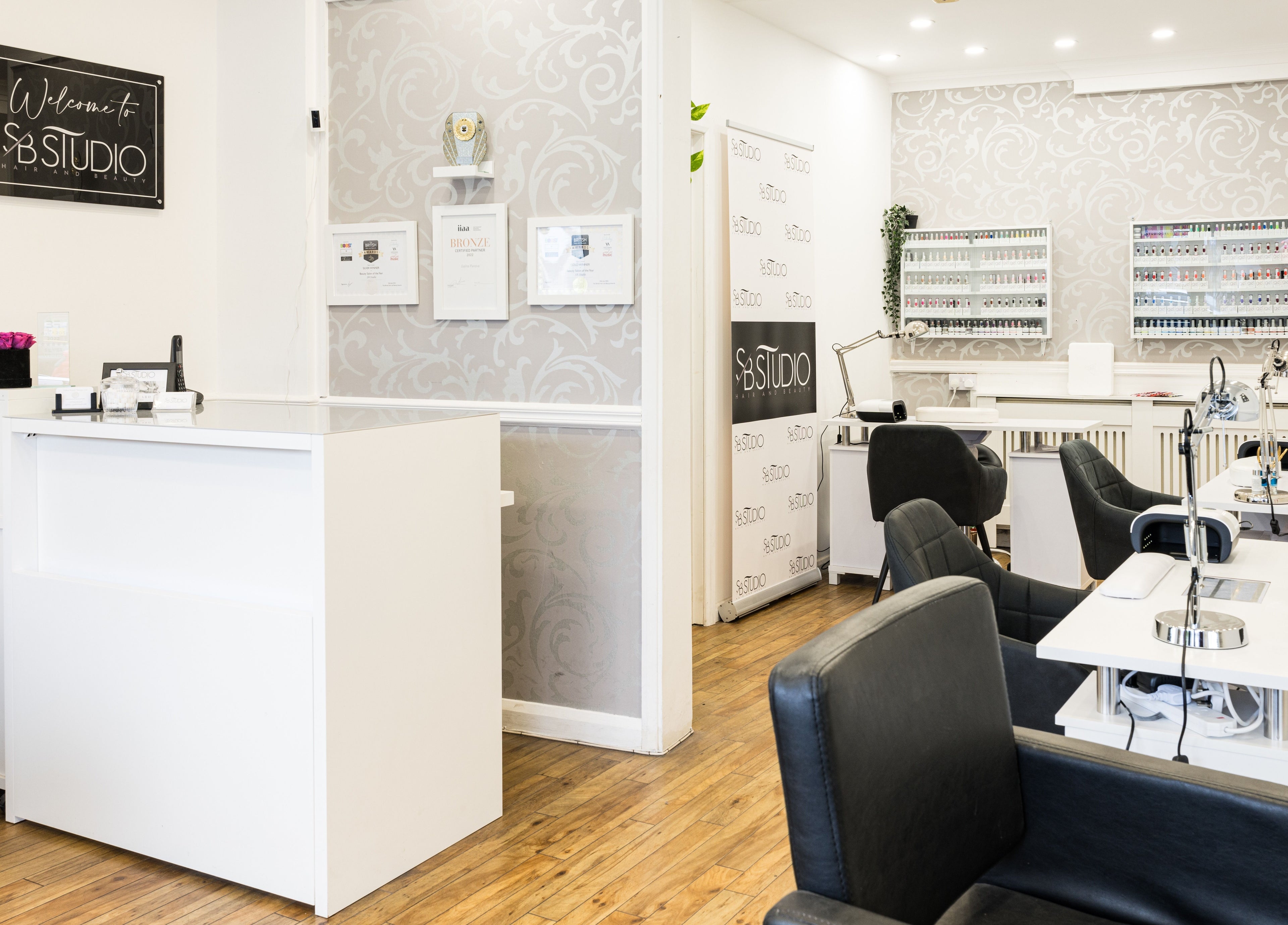 Chic interior of SB Studio in Coulsdon, England, GB featuring stylish salon setups and modern decor.