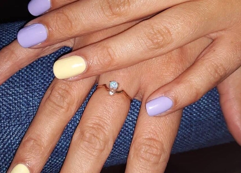 Elegant pastel manicure with a ring at Secrets Health Beauty and Day Spa, Ballito, Kwazulu-natal, ZA.