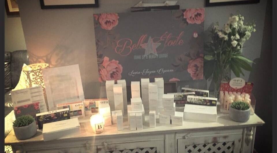 Beauty products on a chic display at Belle Etoile Beauty, Guernsey, GB, enhancing a stylish atmosphere.