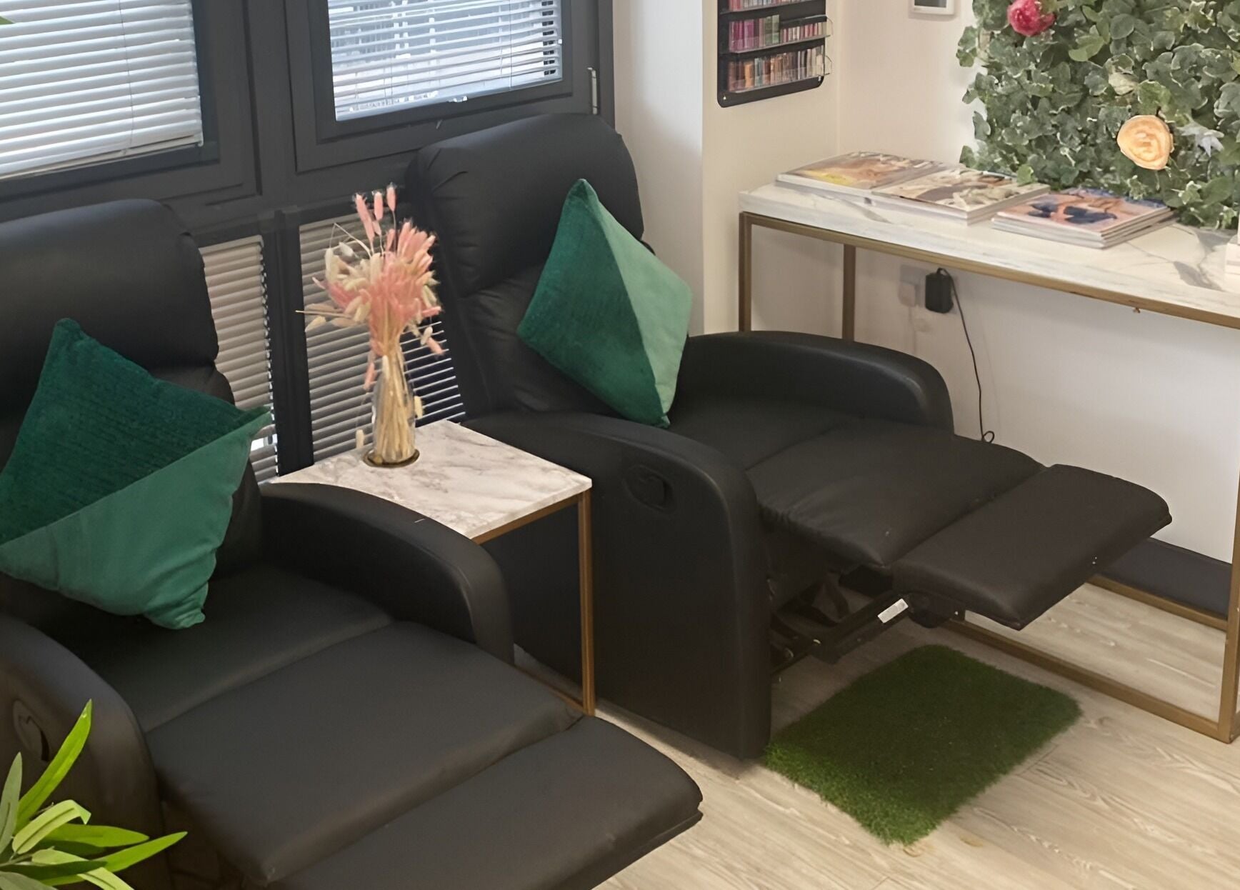 Relaxing lounge chairs in The Beauty House, Bristol, England, GB, perfect for wellness relaxation.