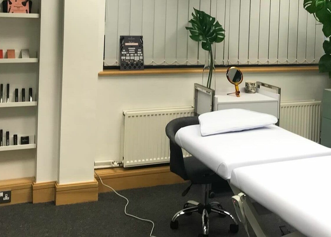 Modern beauty treatment room at StefyBrows in Harpenden, England, GB, featuring a sleek bed and stylish decor.
