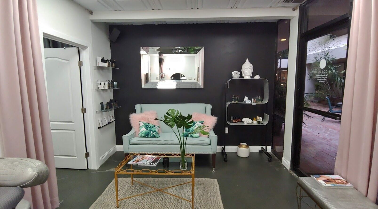 Elegant lounge area at Facelift Lounge, Newport Beach, California with plush seating and modern decor.