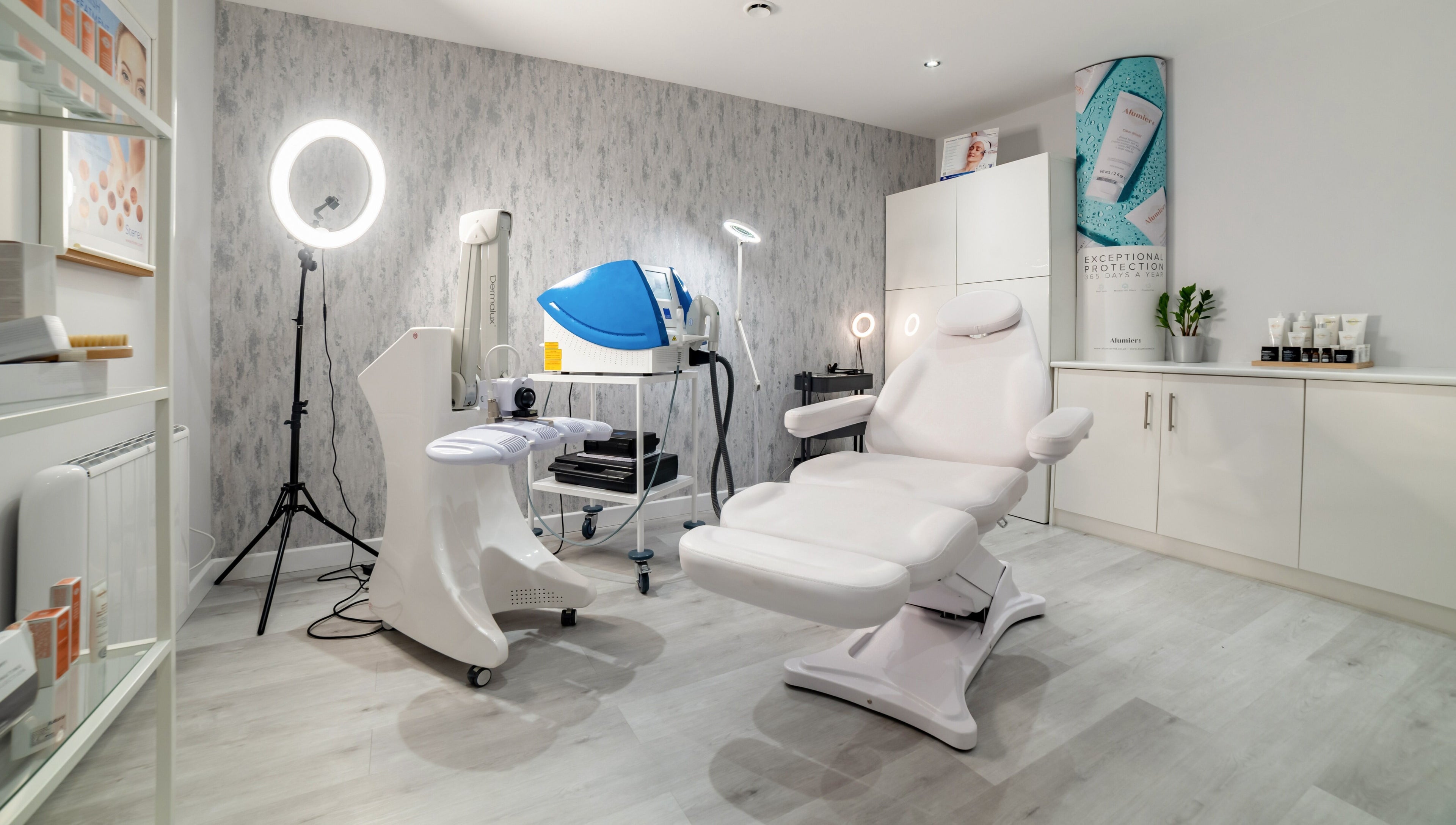 Modern treatment room at In-DERM Skin Clinic Chiswick in London, England, GB with advanced skincare equipment.
