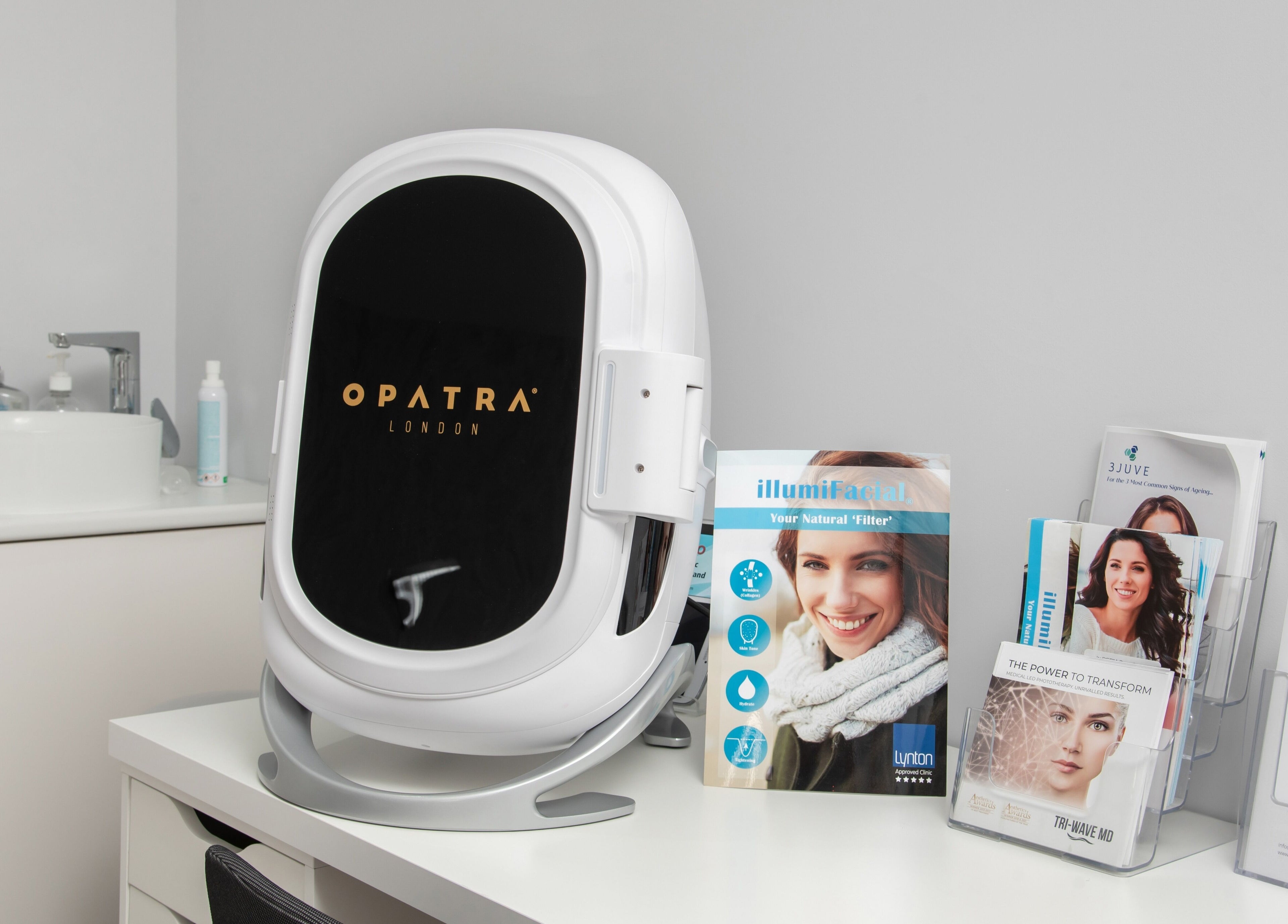 Opatra skincare device and brochures at In-DERM Skin Clinic Chiswick, London, England, GB.
