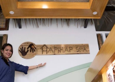 Entrance of HapiHap Spa - Penafrancia Ave., showing signage and decor in Naga, Bicol, PH.