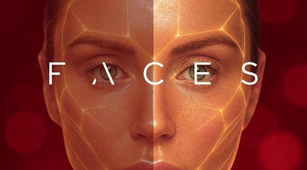 Faces Aesthetics and Training logo in Warrington, England, GB overlaid on a digitally enhanced face image.