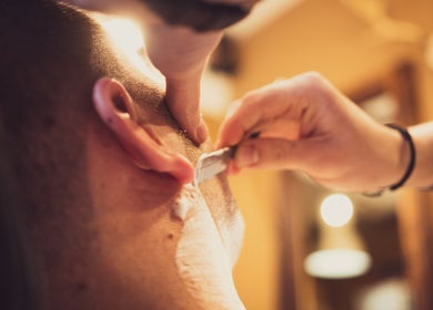 Close-up of a classic shave at The Canadian Barbershop in Praha, Hlavní město Praha, CZ.