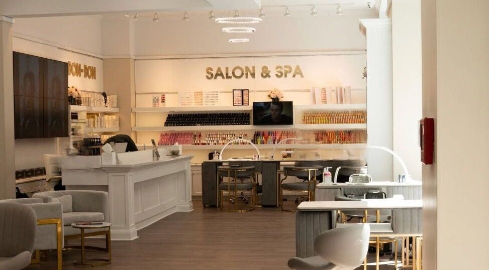 Elegant interior of Bon Bon Salon & Spa in New York, New York, US featuring modern design and beauty products.