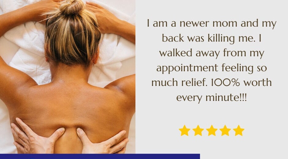 Therapist gives back massage at Explicit Holistics, Little Elm, Texas, US. Client relief with five-star review.
