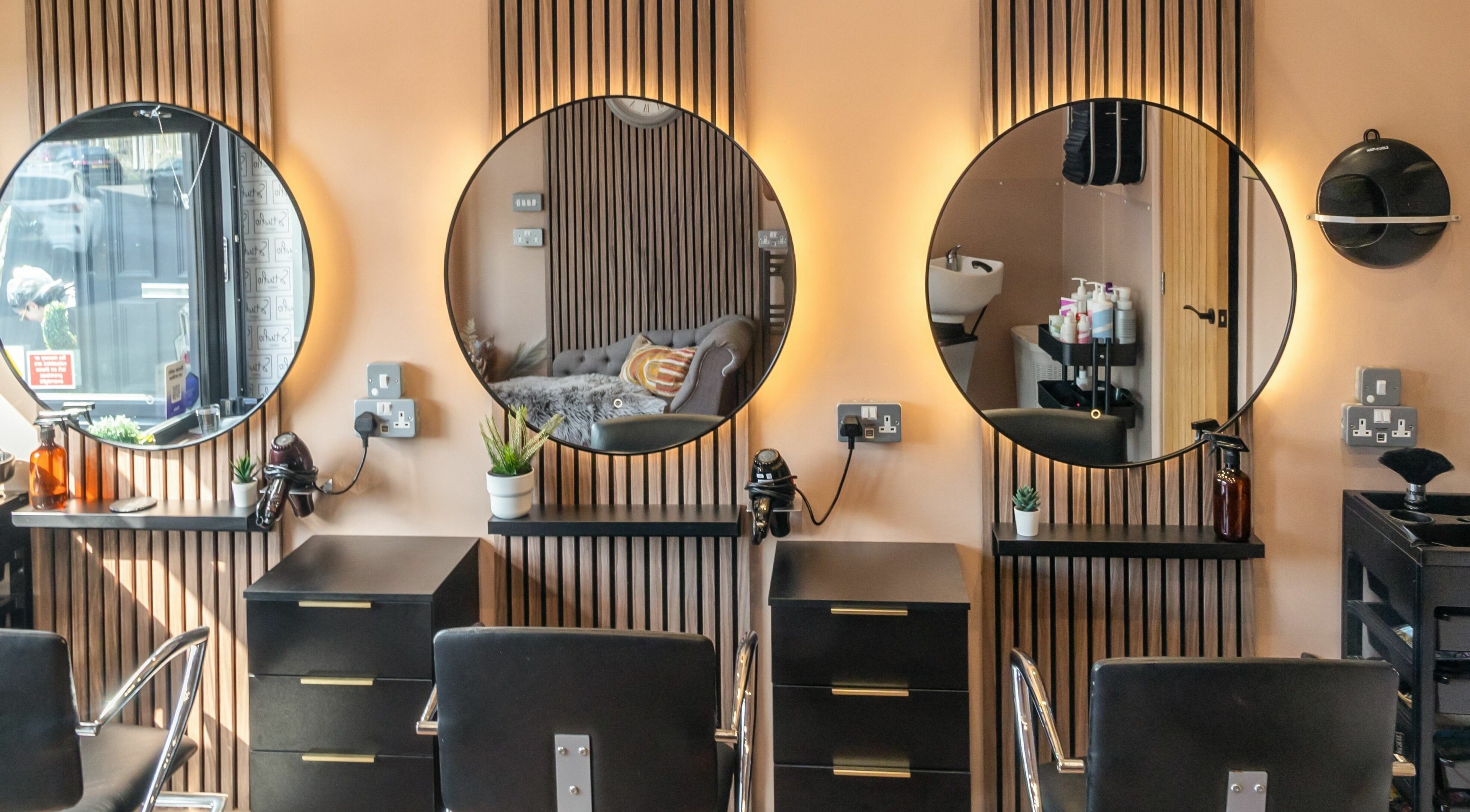 Modern salon setup at Studio Hair & Beauty book with Emma Kenyon & Lucy Harford, Barnsley, England, GB.