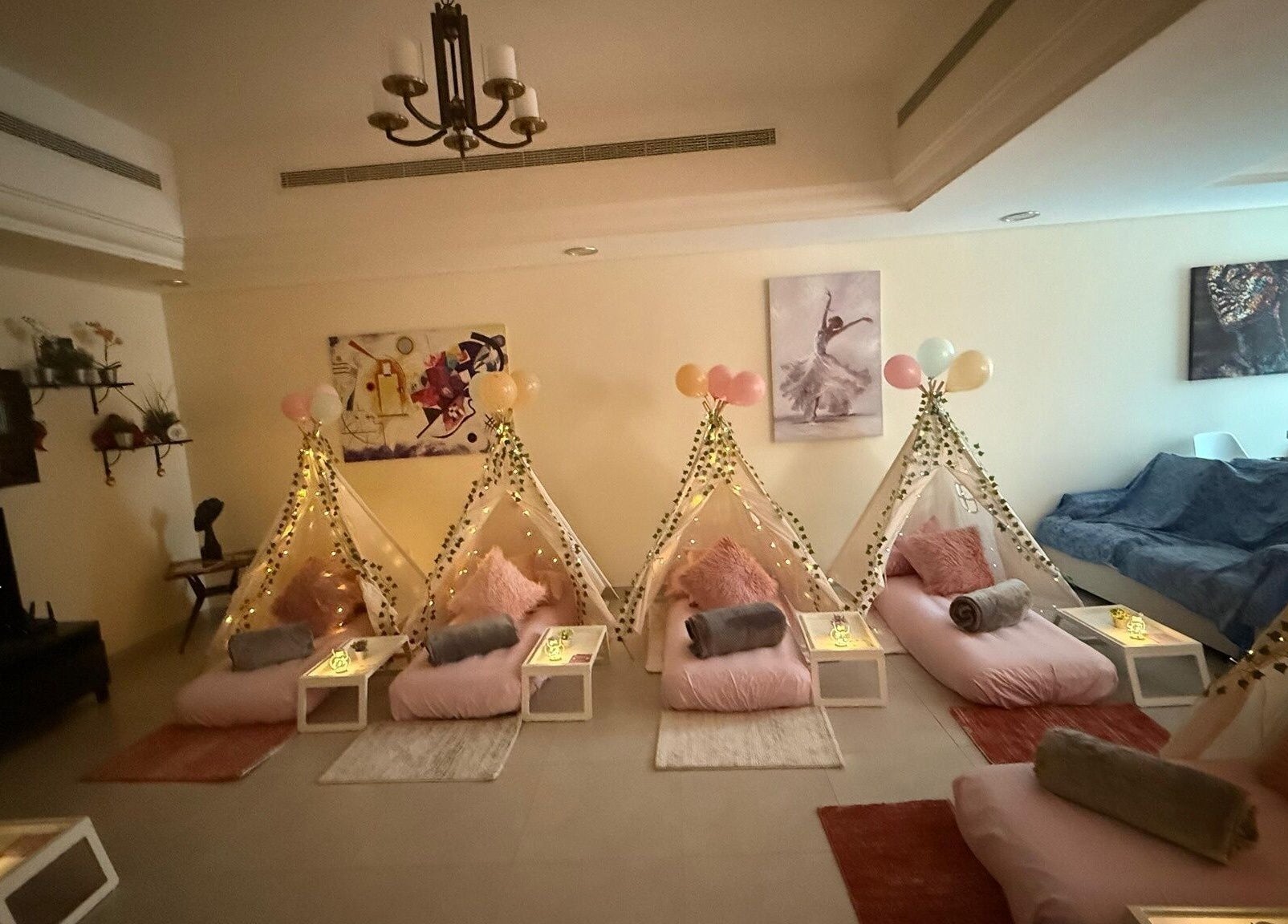Relaxing setup at Hawaiian Hush Home Service - Dubai Only, featuring pink canopies and soft cushions in Dubai, Dubai, AE.