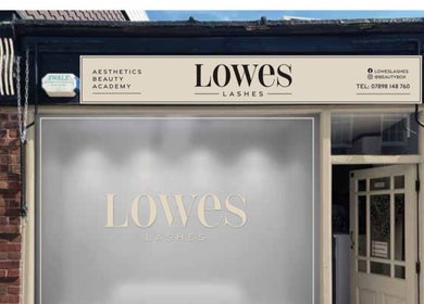 Front view of Lowes Lashes Aesthetics Sunbed in Faversham, England, GB featuring elegant signage.