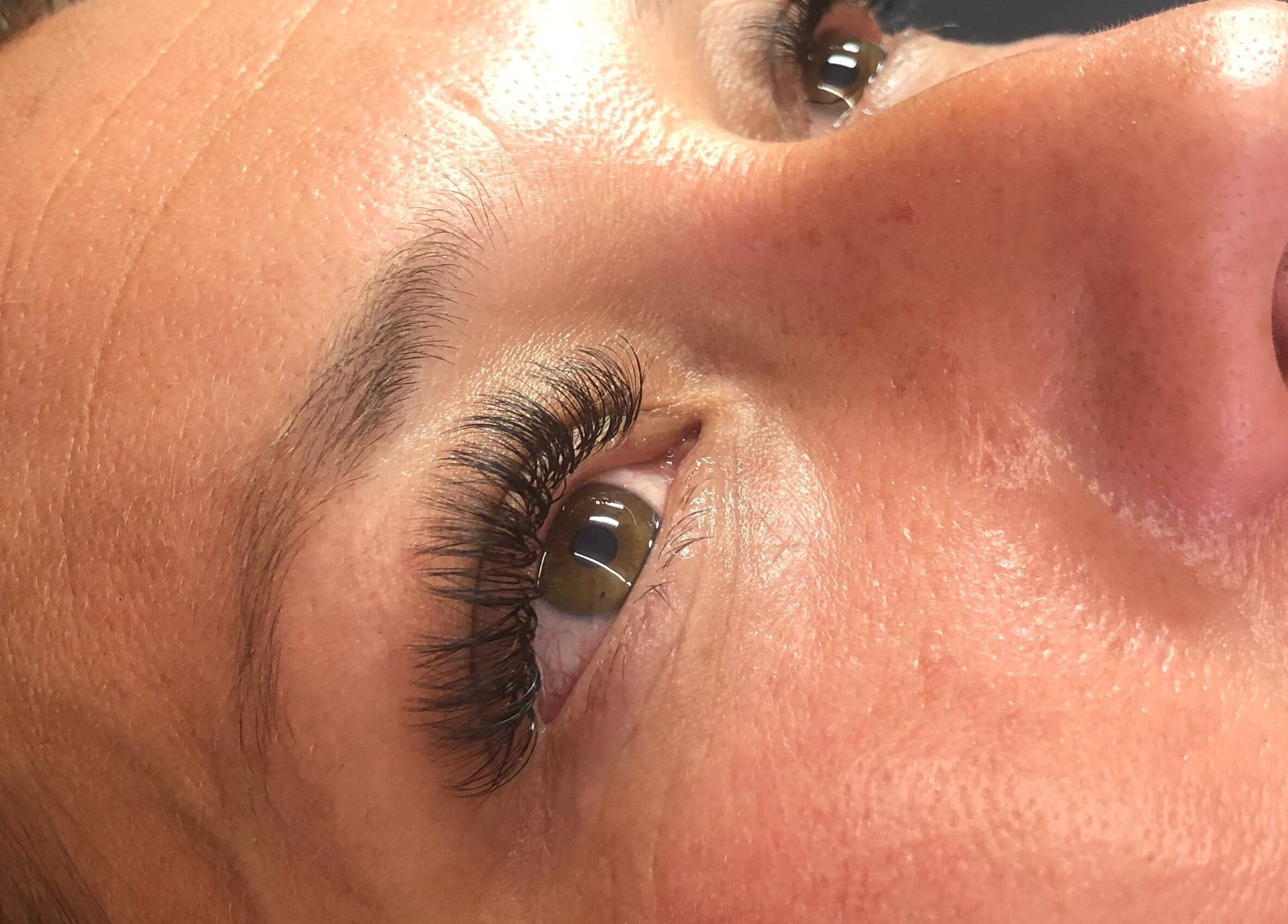 Close-up of eyelash extensions at Lowes Lashes Aesthetics Sunbed, Faversham, England, GB.