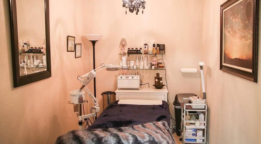 Cozy treatment room at Amore Lash Lounge in Auburn, California, US, featuring elegant decor and beauty equipment.