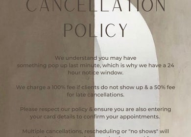 Cancellation policy text at Luxe Contouring By Sofia, Melbourne, Victoria, AU.