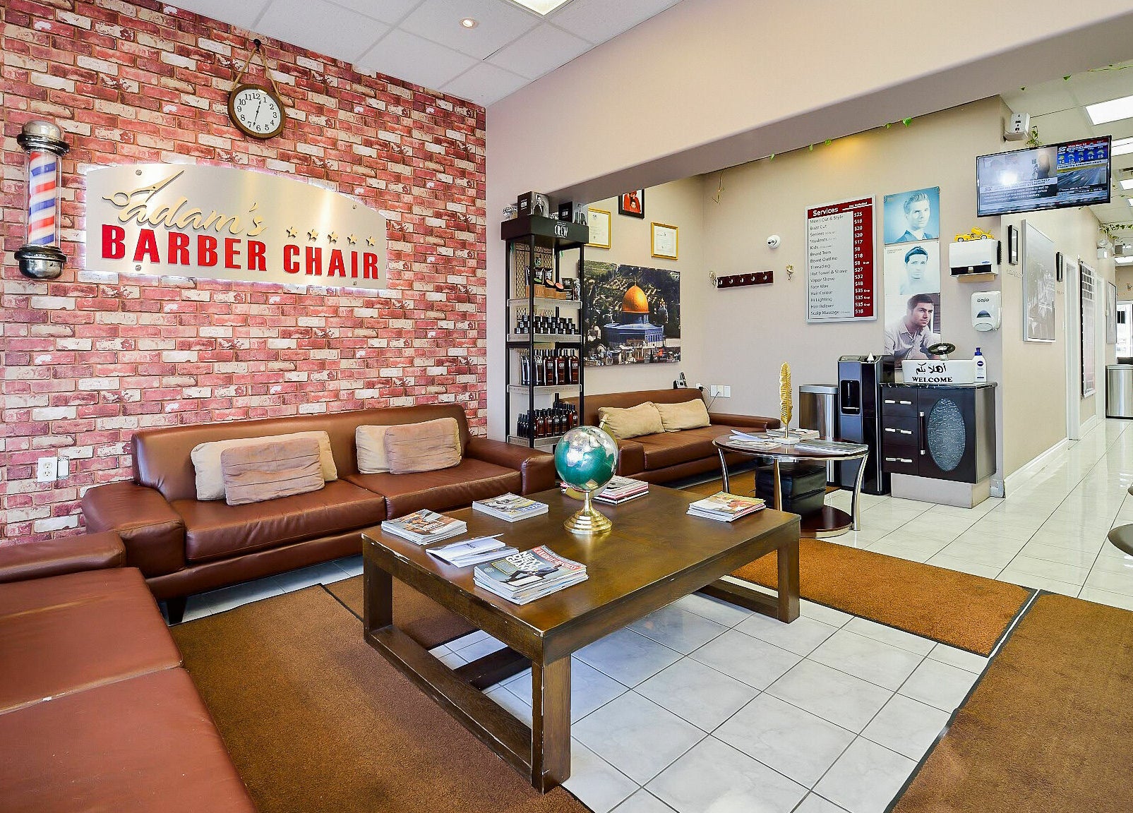 Stylish interior of Adam's Barber Chair in Mississauga, Ontario, CA with comfy seating and modern decor.