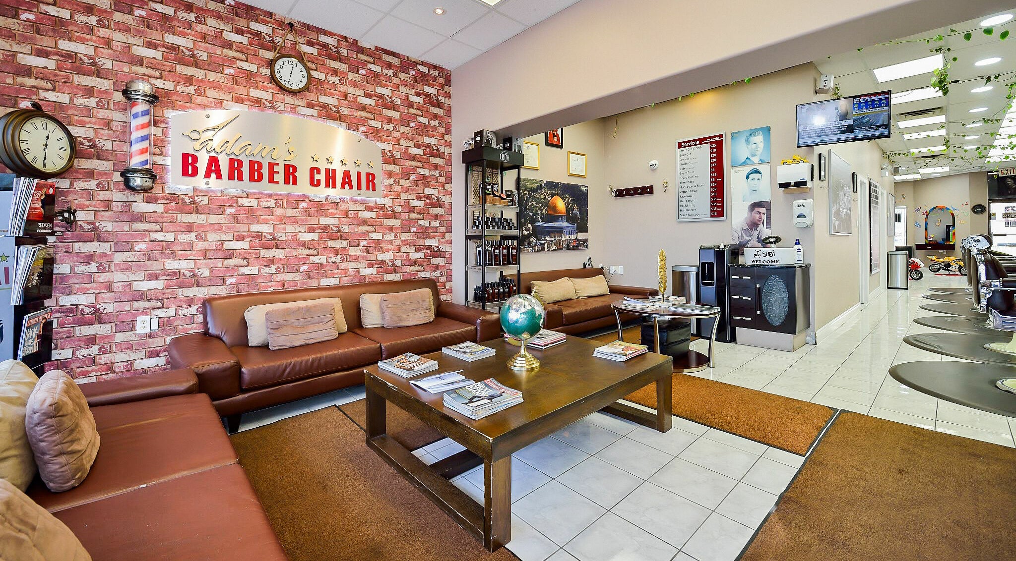 Stylish interior of Adam's Barber Chair in Mississauga, Ontario, CA with comfy seating and modern decor.