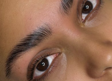 Close-up of elegantly shaped brows at LashedByCarina in Toronto, Ontario, CA.