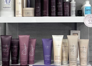 Neal & Wolf hair products on shelves at Gemma Louise Hair and Beauty, Rawtenstall, England, GB.