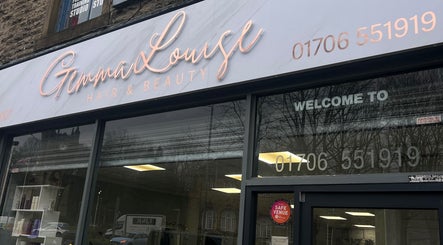 Front of Gemma Louise Hair and Beauty in Rawtenstall, England, GB with elegant signage.