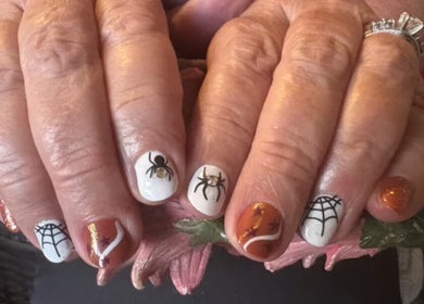 Halloween-themed nail art at Pedi Lounge Nail Salon, Anderson, Indiana, US.