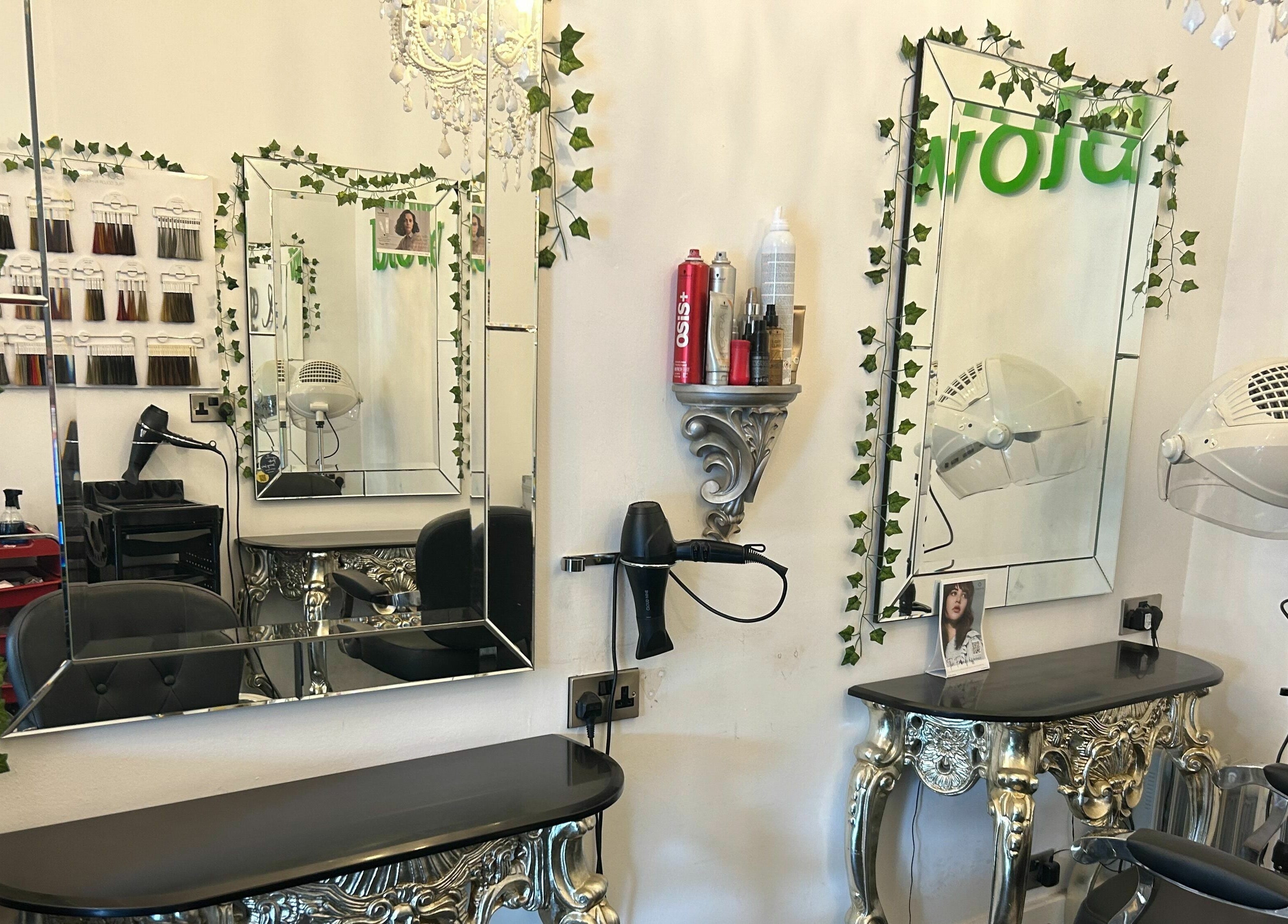 Chic styling area at SY2 The Salon with mirrors and ornate decor in Shrewsbury, England, GB.