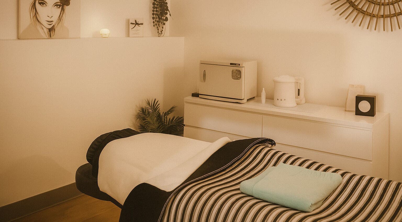 Calm treatment room at Personify Beauty, Speers Point, New South Wales, AU, featuring a cozy massage table.
