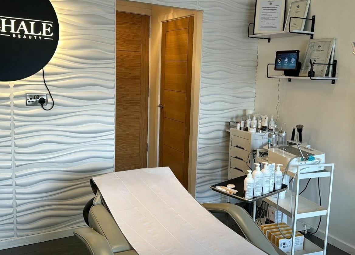 Hale Beauty treatment room in Sutton Coldfield, England. Modern decor with skincare products visible.