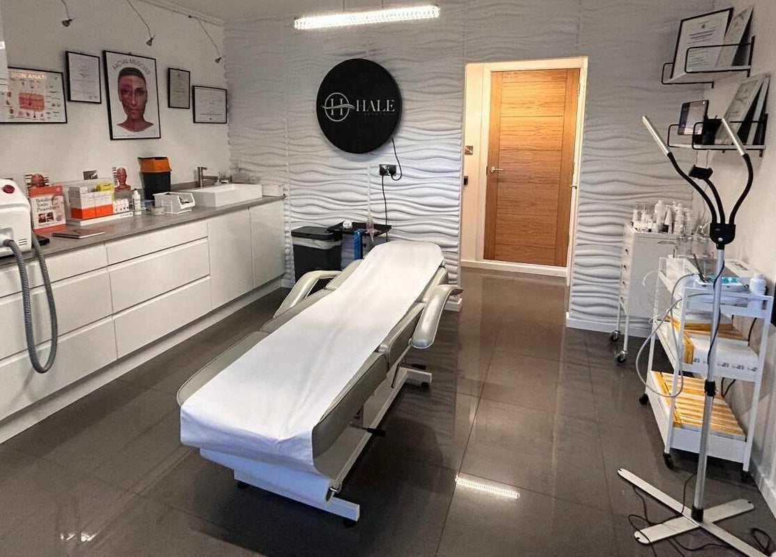 Modern treatment room at Hale Beauty in Sutton Coldfield, England, GB featuring spa equipment and decor.